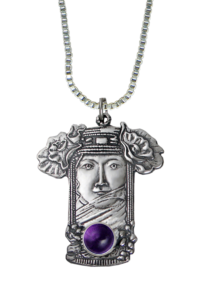 Sterling Silver Veiled Woman Maiden Pendant With Amethyst